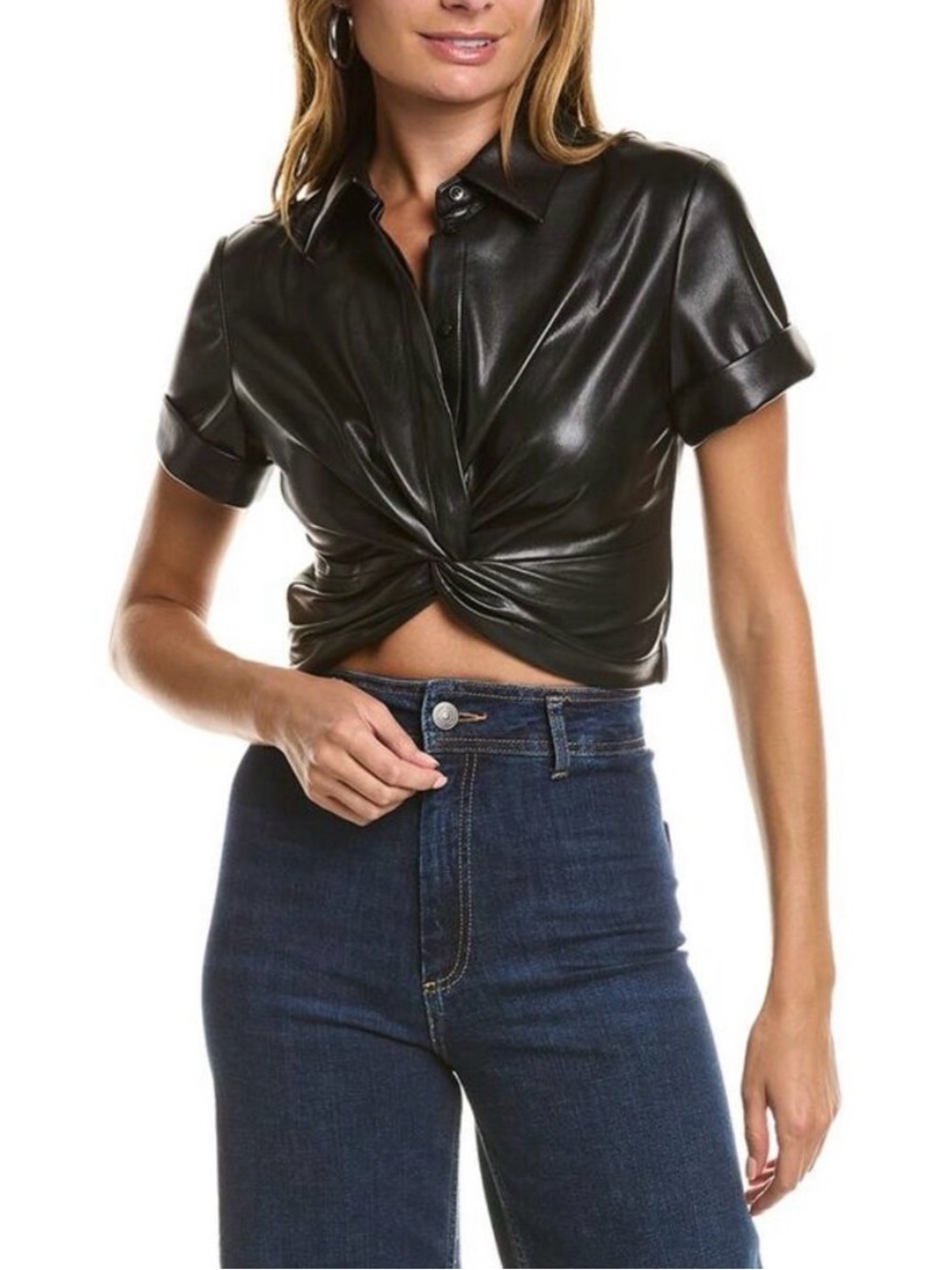 ALICE + OLIVIA Phebe Vegan Leather Twist-Front Crop Top Black Small